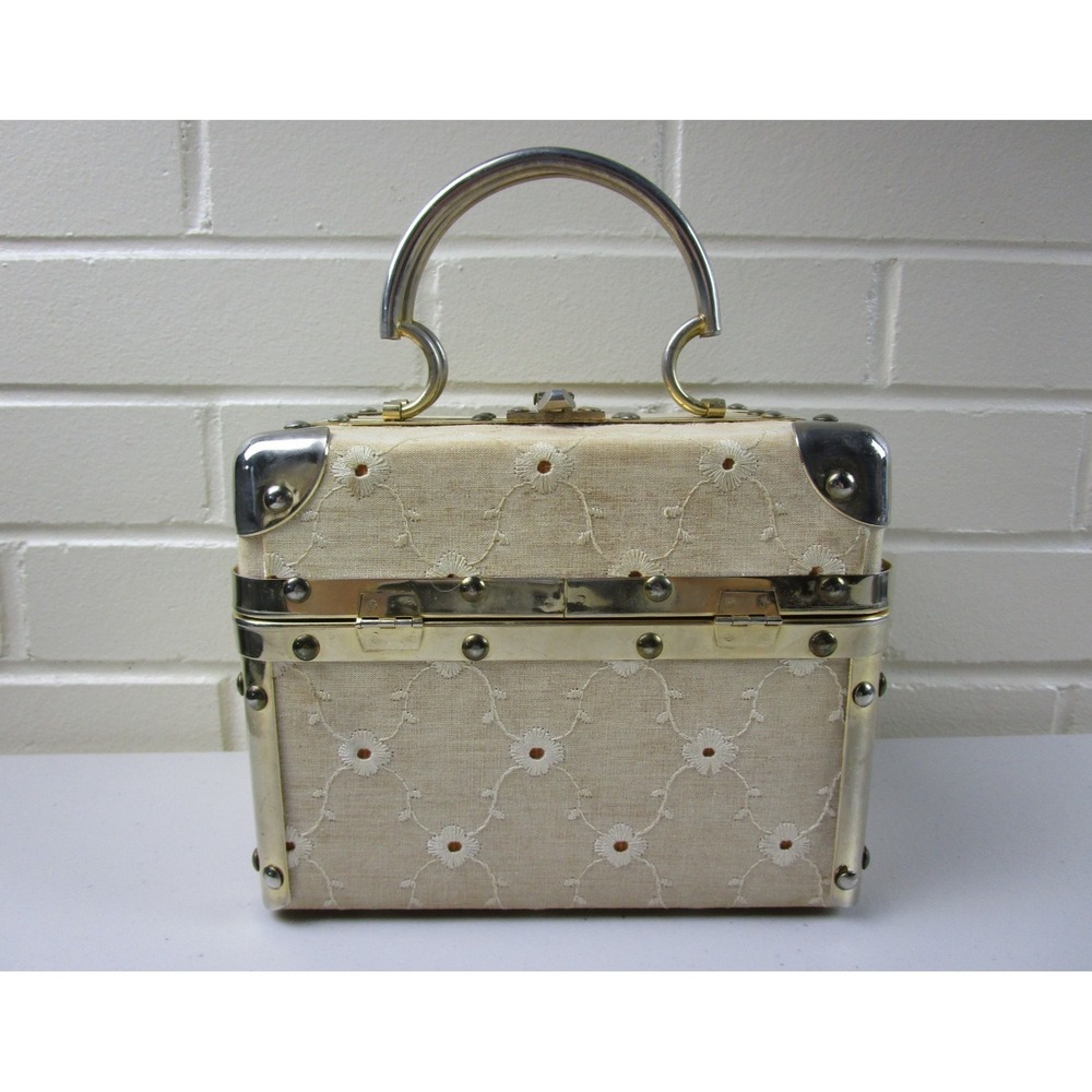 Vintage Fleurette of Miami Split Top Train Case Purse, Italy 1950s Handbag Lined